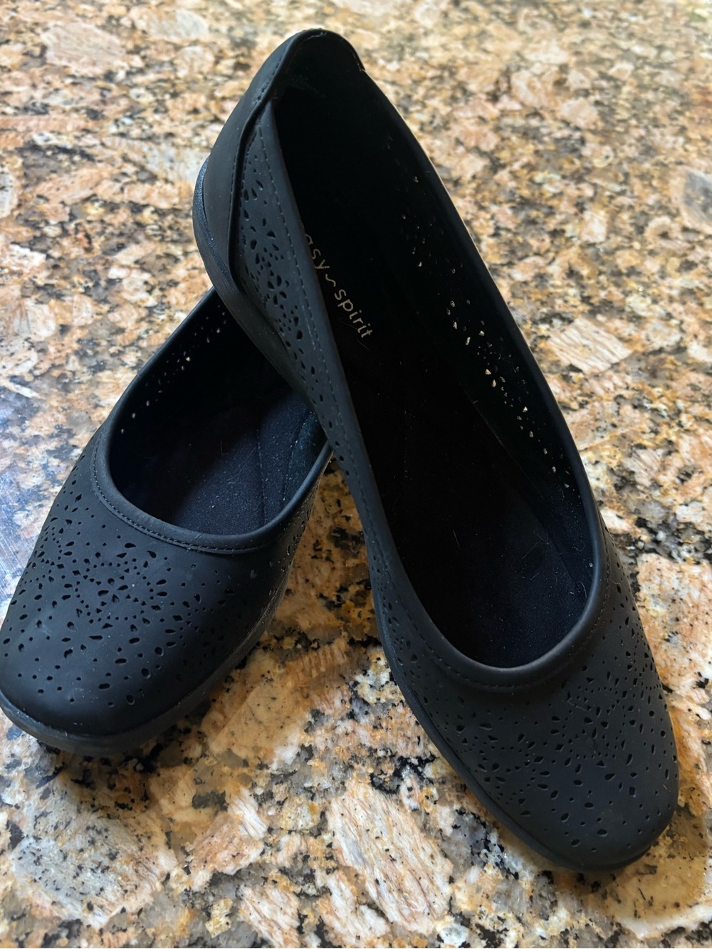Like New Easy Spirit Black Suede Like Laser-Cut (“Eyelet”) Slip-On Flats 8.5M